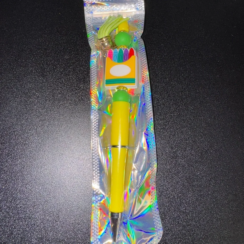 Yellow and Green Decorative Pen with crayons and tassel, Fun, Fancy Pen